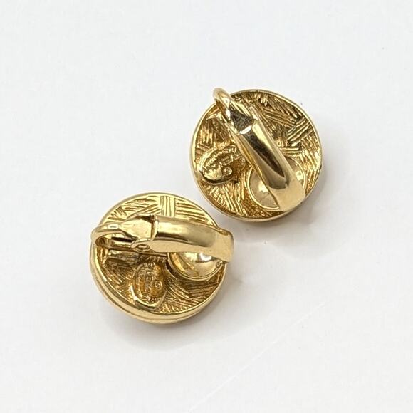 Vintage Givenchy Gold Tone Cabochon Faux Pearl Logo Round Clip On Earrings .5in - Picture 5 of 6